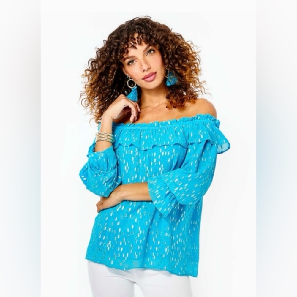 Lilly Pulitzer Turquoise Off-Shoulder Ruffle Top